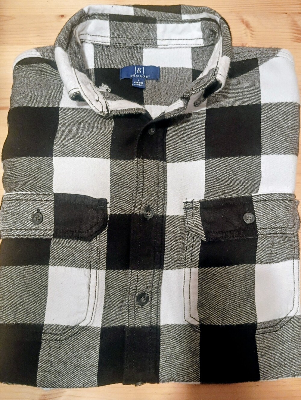 Vintage Y2K GEORGE Flannel Shirt Button Up Plaid Checker Black/White Boyfriend